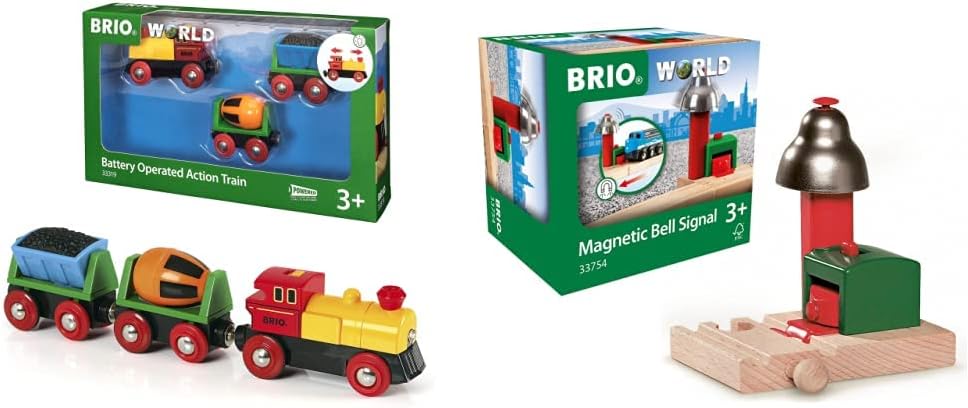 BRIO Bahn 33319 - Zug mit Batterielok & World 33754 Magnetisches Glockensignal – Eisenbahnzubehör fü