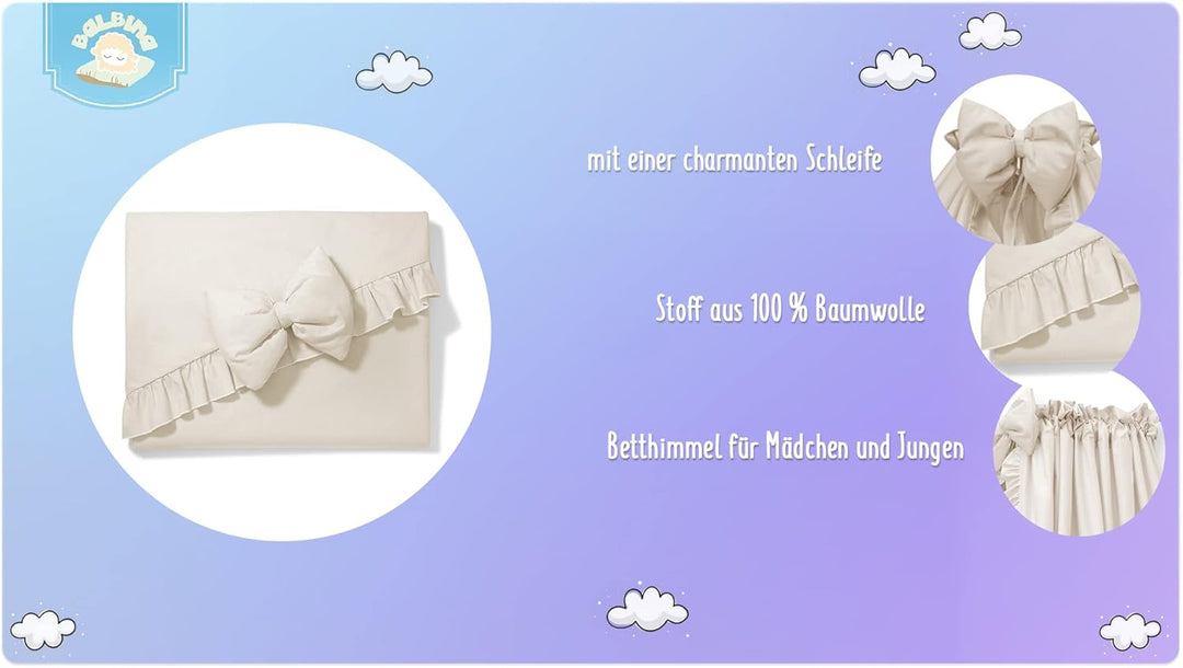 balbina Baldachin 100% Baumwolle, Deko-Set für Kinderbett, Betthimmel mit Rüsche & Schleife, Moskito