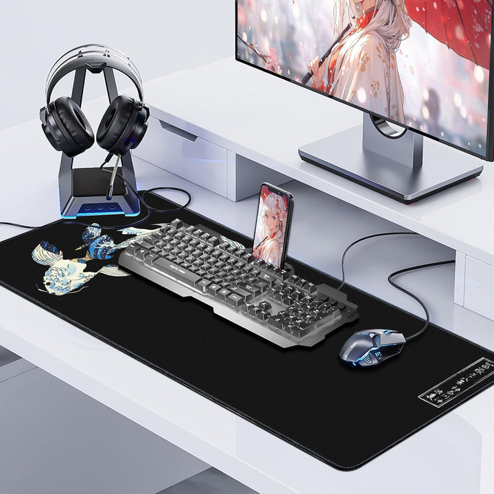 Mauspad XXL,Anime Mousepad 900x400mm Japanischer Koi Mauspad Gaming mit Rutschfester Gummibasis,Gena