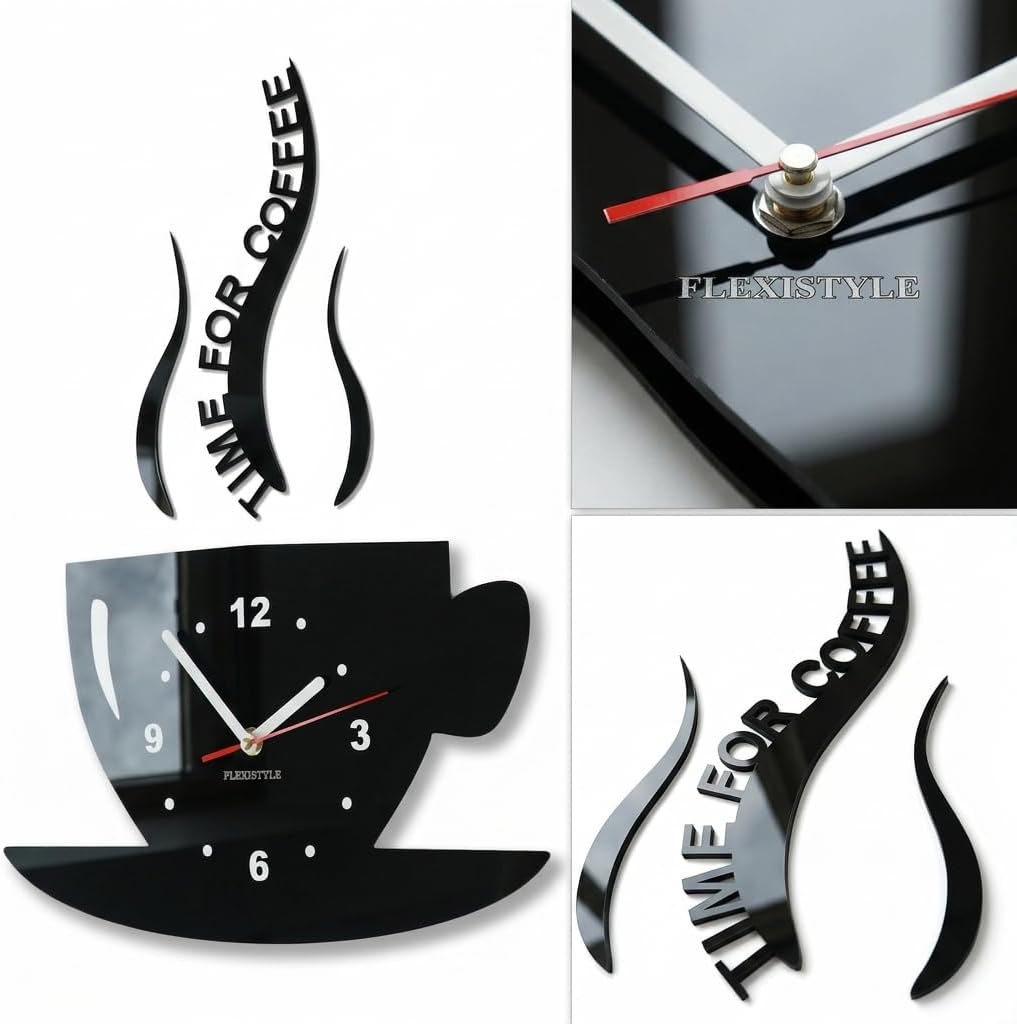 FLEXISTYLE Tasse Zeit für Kaffee Moderne Küche Wanduhr, schwarz, 3D römisch, wanduhr deko, Schwarz