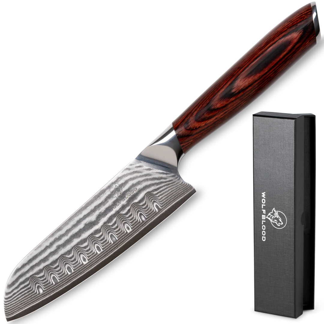 Wolfblood Damastmesser Santoku Messer L(24cm) TÜV geprüfter 62 HRC Damaststahl aus 67 Lagen I Damast