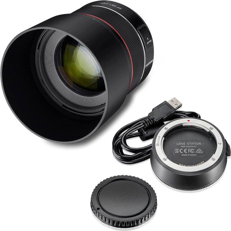 Samyang 8009 AF 85mm F1.4 EF + Lens Station für Canon EF I leichtes & kompaktes Tele-Objektiv für Po