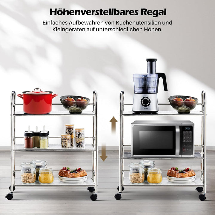 TUKAILAI Servierwagen Edelstahl mit Rollen, Küchenwagen auf Rollen, Nischenwagen mit 3 Regal, rollre