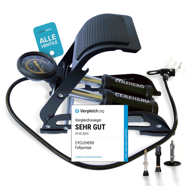 Fusspumpe mit Doppelzylinder und Manometer Test SEHR GUT - Fusspumpe für alle Ventile (Fahrradpumpe,