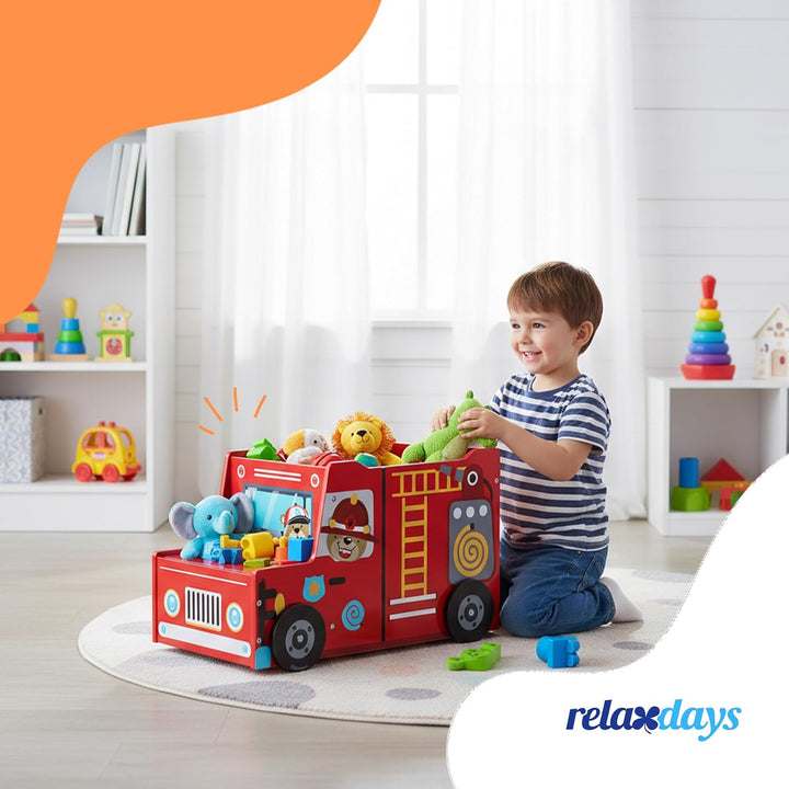 Relaxdays Spielzeugkiste Feuerwehr, Kinderzimmer, HBT: 34 x 60 x 32 cm, Spielzeugbox mit Stauraum &