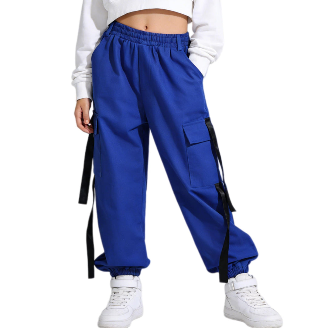 Rolanko Mädchen Hip Hop Hose Kinder Cargohose Elastische Jogginghose für Streetwear Tanz Blau 6-7 Ja