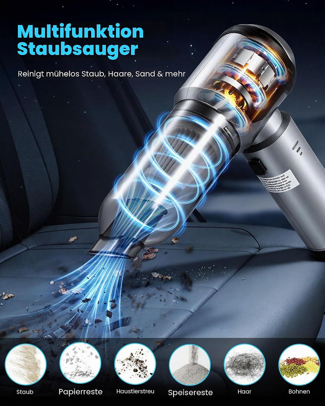 Handstaubsauger Kabellos, 22000Pa Starke Saugleistung, 6000mAh Akku, 3 Stufen Einstellung, Bürstenlo