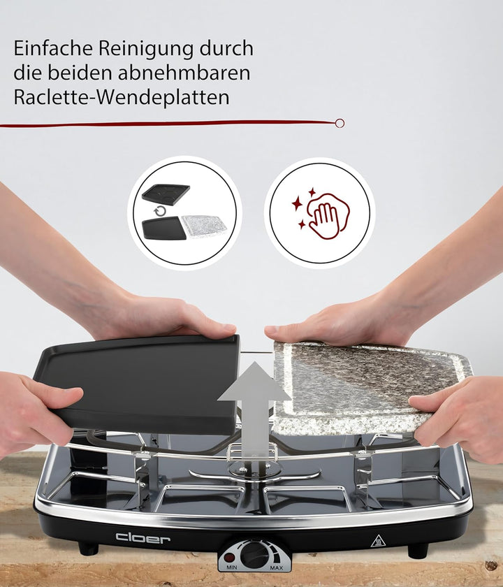 Cloer 6435 Raclette mit Naturstein / 1200 W / 8 antihaftbeschichtete Raclettepfännchen Geteilte