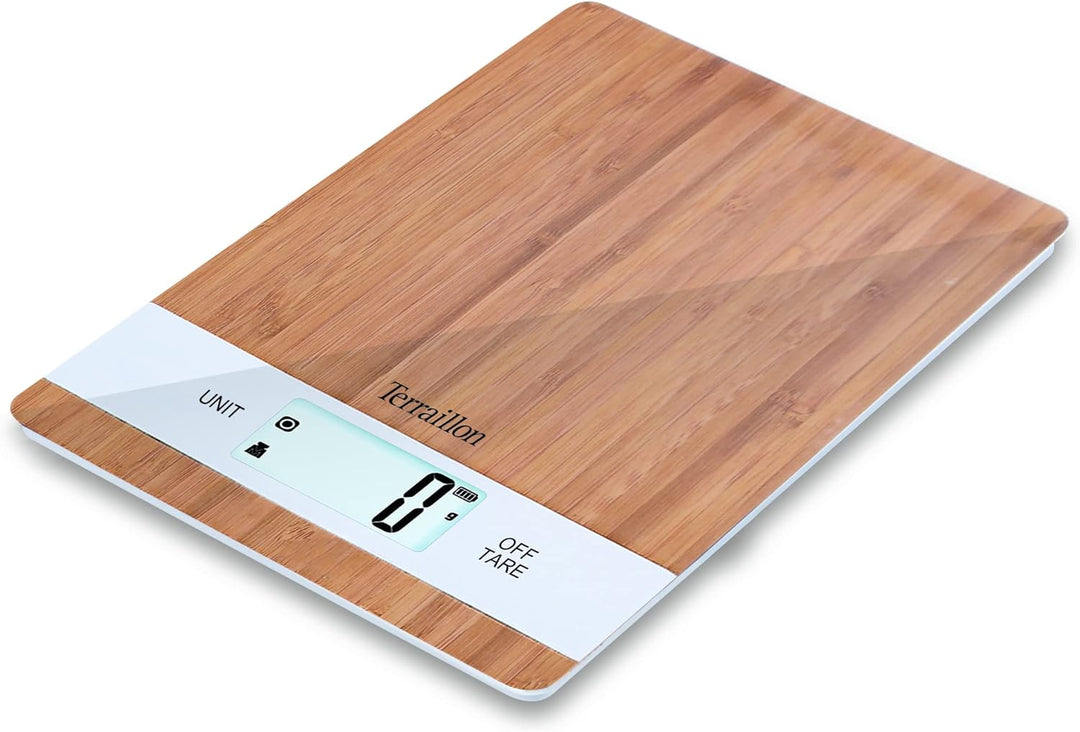 TERRAILLON Bamboo Küchenwaage, USB, wiederaufladbar über USB, automatische Abschaltung – Tara-Funkti
