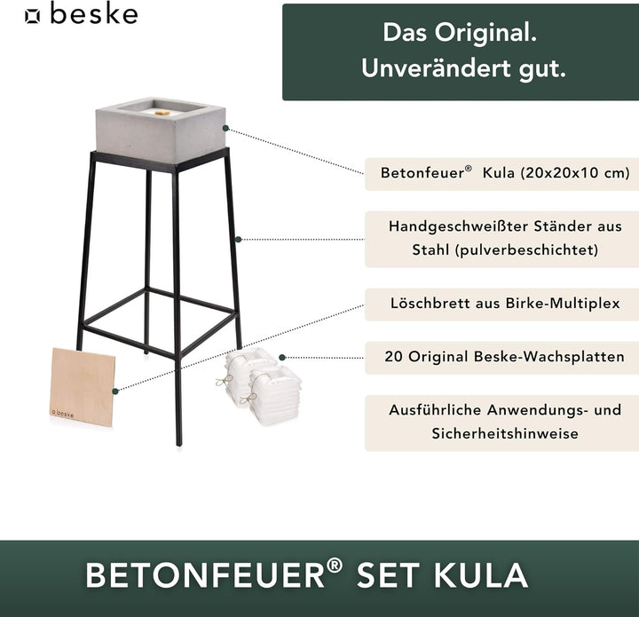 Original Betonfeuer Set inkl. Ständer Löschbrett und Nachfüllwachs | Pulverbeschichteter Ständer | H