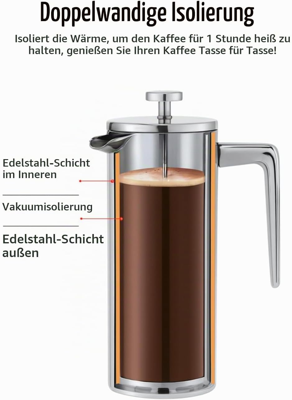 VIA CREMA FRENCH PRESS 800/1000ml Glass/Stainless steel (Edelstahl, 800ML /27OZ) 800ML /27OZ Edelsta