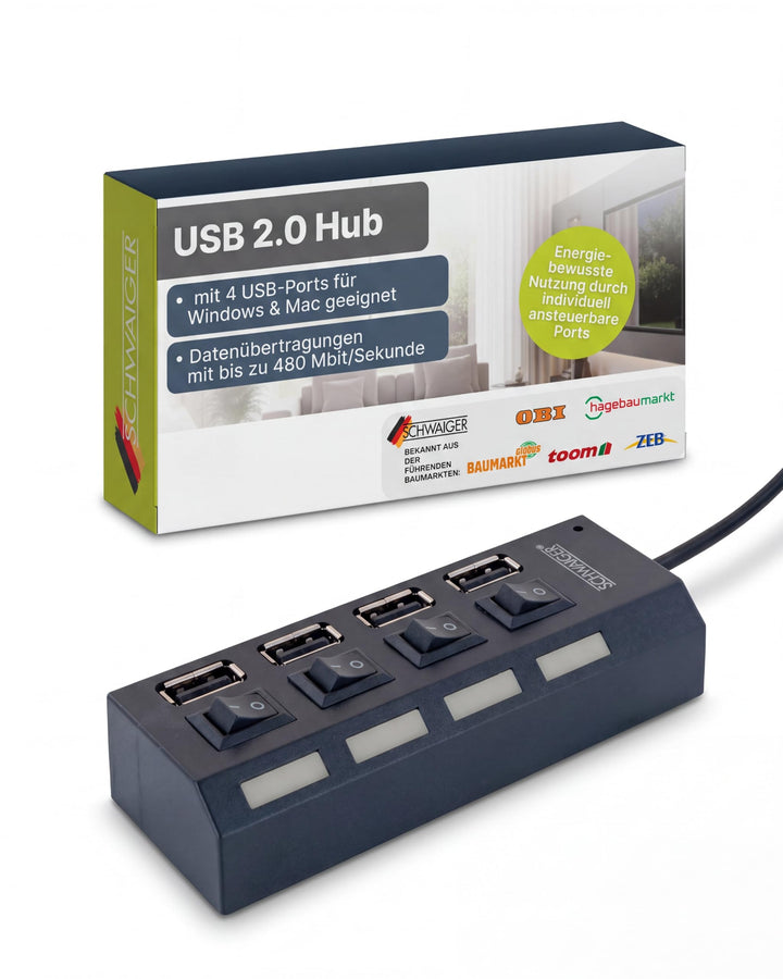 SCHWAIGER UH4 013 USB Hub USB-Verteiler Leiste 4-Fach USB 2.0A HighSpeed 480 Mbit/s Steckerleiste LE