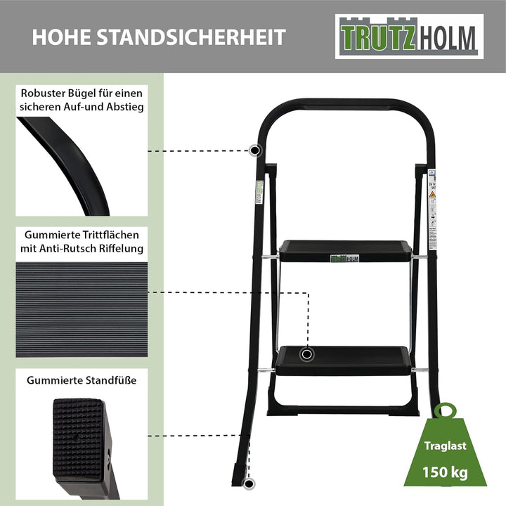 TRUTZHOLM Trittleiter 2 oder 3 Stufen klappbar TÜV/GS Zertifiziert 150 kg Klappleiter Anti-Rutsch Tr