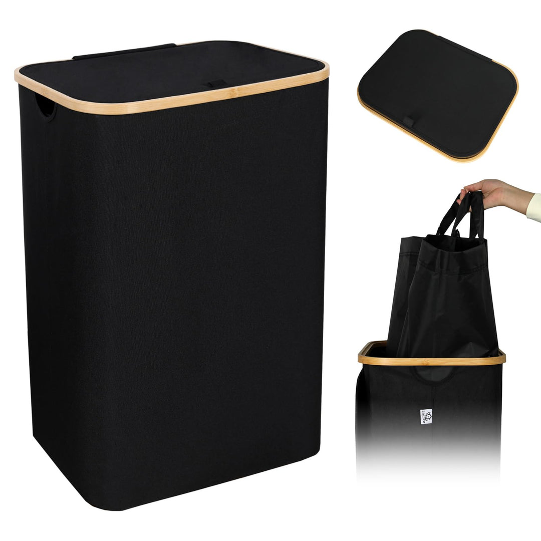 CALIYO Wäschekorb, Wäschetonne mit Deckel, 100 Liter Hoher Wäschebox mit Henkel und Innentasche, Fal