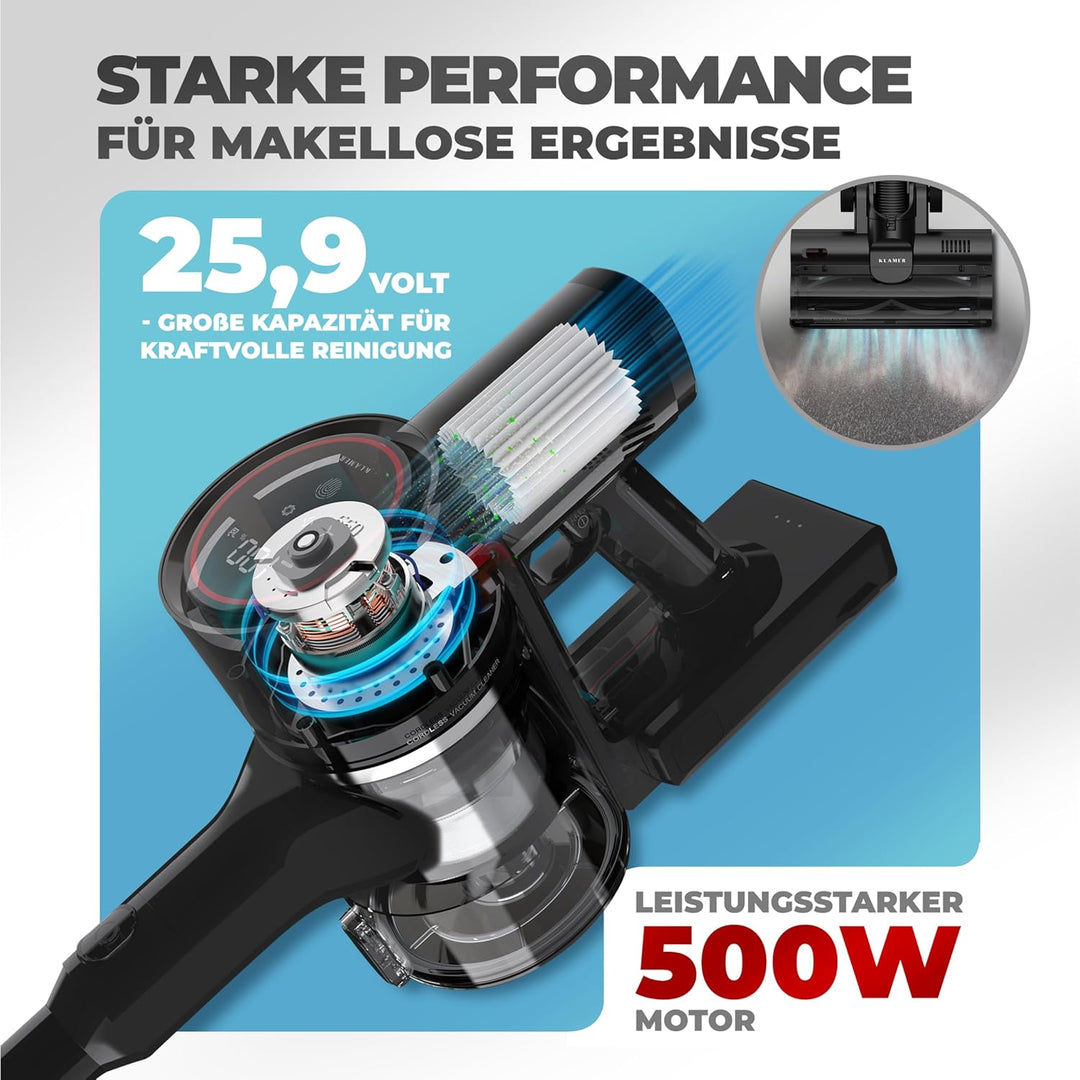 KLAMER Akku Staubsauger, 2-in-1 Staubsauger kabellos & Handstaubsauger, Akkulaufzeit bis 50 min, Akk