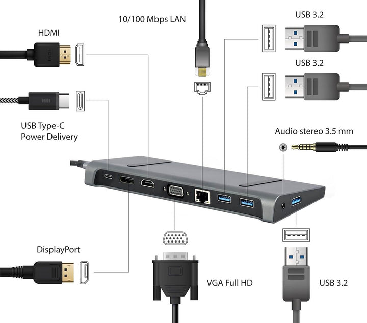 Gembird USB-C 9-in-1 Multiport Adapter – USB-Hub 3.2, HDMI, DisplayPort, VGA, PD-Ladung, LAN, Audio