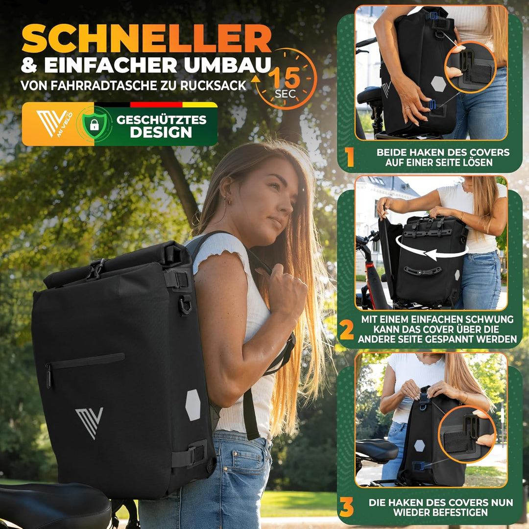 MIVELO 3in1 Fahrradtasche für Gepäckträger I Rucksack &amp; Gepäckträgertasche hinten - in 15 Sekunden u