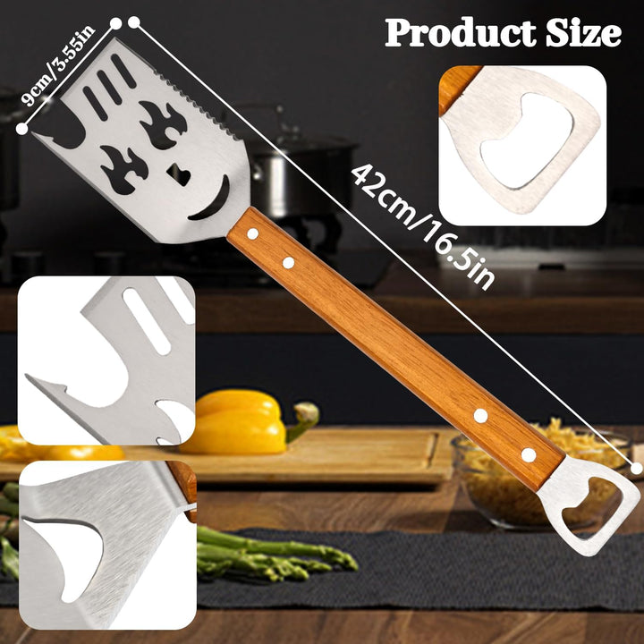 BBQ Grillwerkzeug-Set, 17 Zoll Edelstahl-Wender mit Flaschenöffner, Holzgriff BBQ-Zubehör für das Gr