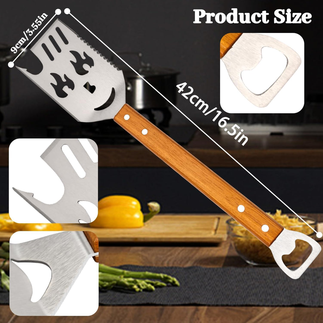 Grillbesteck-Set, 42cm Edelstahl-Spachtel mit Flaschenöffner, Holzgriff, Grillzubehör für draussen,