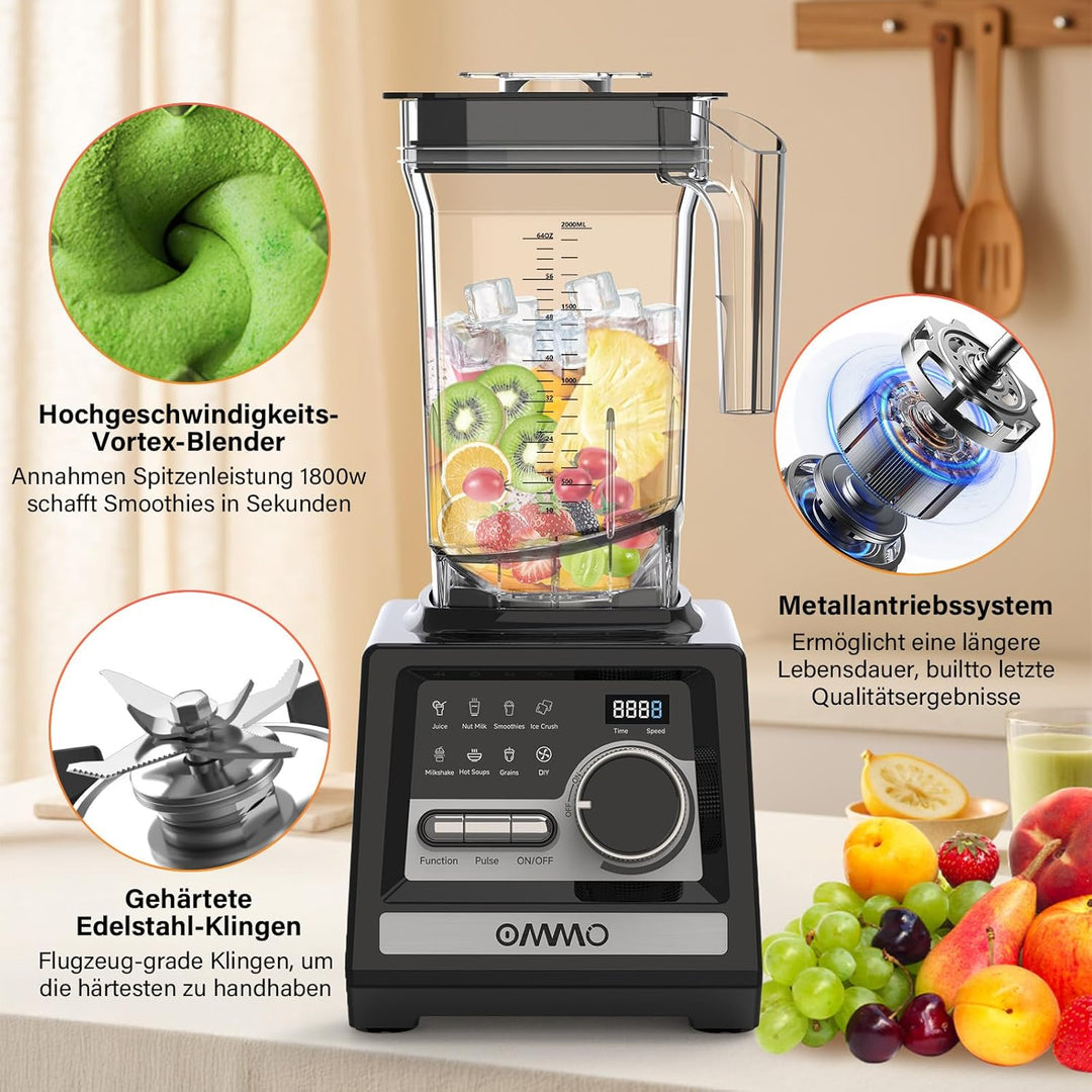 OMMO 2L Standmixer Hochleistungsmixer, Mixer Smoothie Maker mit 9 Geschwindigkeitssteuerungen für Ei