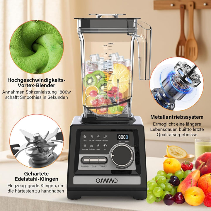 OMMO 2L Standmixer Hochleistungsmixer, Mixer Smoothie Maker mit 9 Geschwindigkeitssteuerungen für Ei