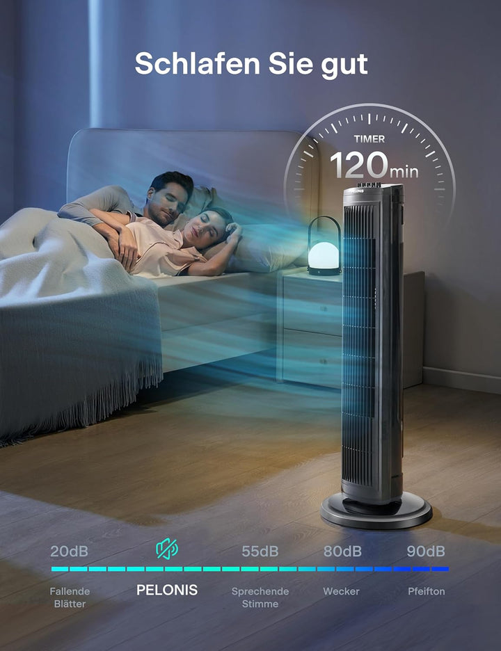 PELONIS 76 cm Oszillierender Turmventilator, 3 Geschwindigkeitsstufen, 8H Timer, Leiser & Platzspare