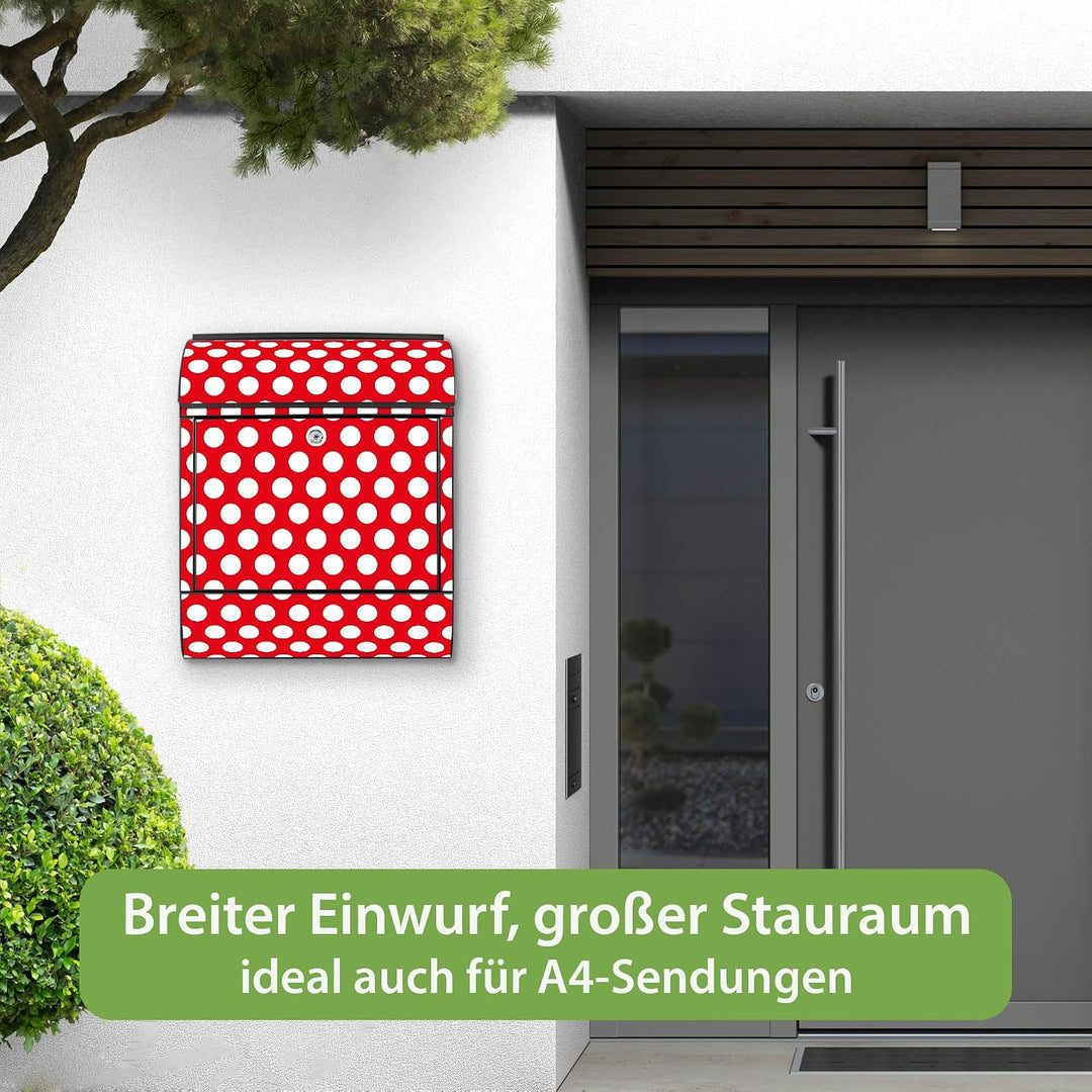 banjado® Design Briefkasten mit Motiv Punkte Rot 39x47x14cm &amp; 2 Schlüssel - Briefkasten Stahl schwar