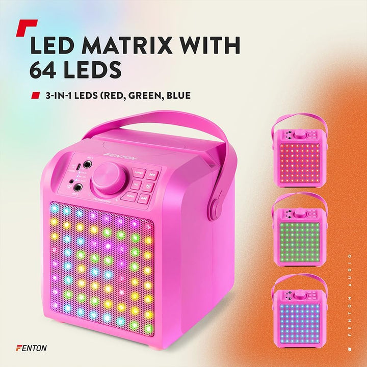 Fenton KAR55P – Musikbox Kinder Karaoke Anlage mit 2 Mikrofonen, LED- Matrix Panel, Bluetooth, 10 St