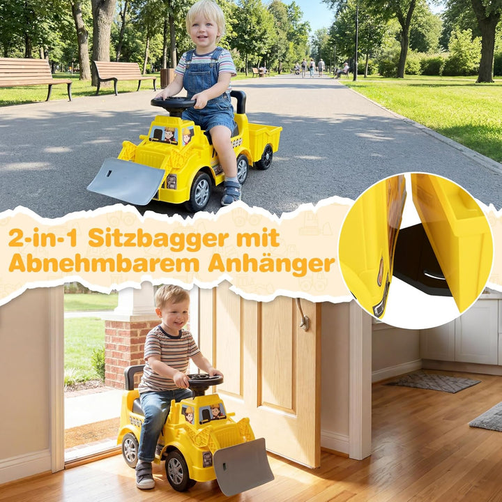 COSTWAY Sitzbagger mit Schaufel & abnehmbarem Anhänger, Kinderbagger mit Stauraum unter dem Sitz, Hu