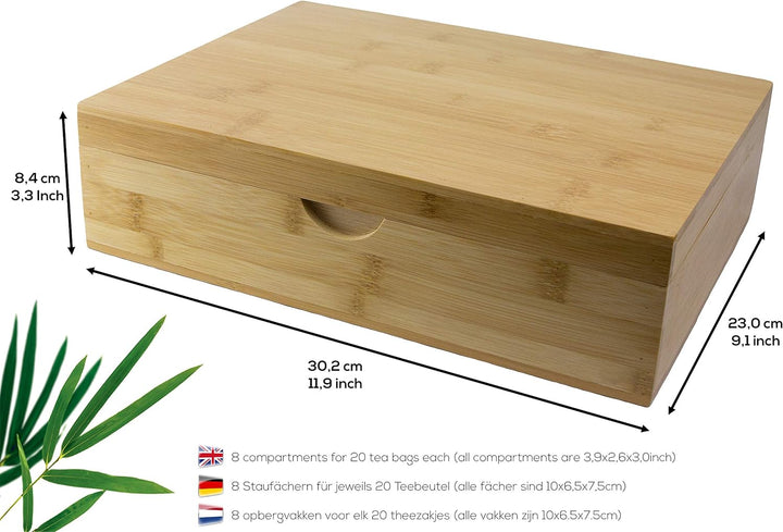 Tee Box aus Bambus mit 8 Staufächern für 160 Teebeutel [23x30x9cm] | Bio Bambus Tee-Box | Teebeutelb