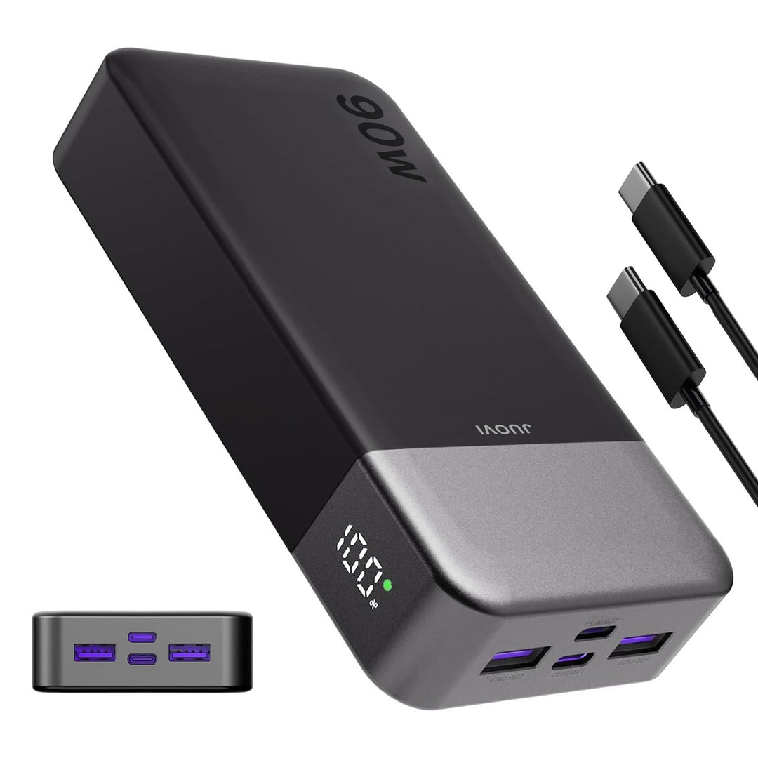 JUOVI Power Bank, 90W Laptop Powerbank 20000mAh USB-C Schnellladefunktion Schwarz, Schwarz