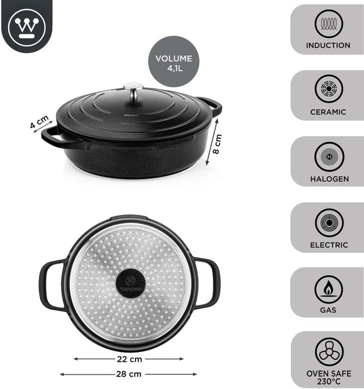 Westinghouse PERFORMANCE SERIES Schmorpfanne mit Deckel, Grosse Bratpfanne 28 cm für Induktion & all