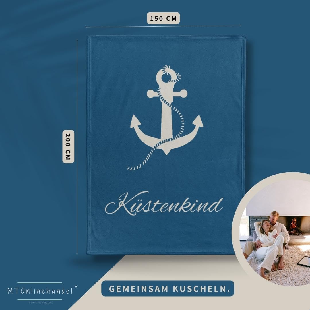 MTOnlinehandel Kuscheldecke flauschig 150x200 cm, Maritime Wohndecke Anker Küstenkind, Sofadecke, Ta