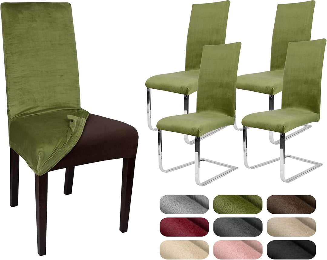BEAUTEX 4er Set LEA Stuhlhusse, elastische Uni Stretch-Husse aus Samt Mikrofaser Farbe wählbar (Oliv