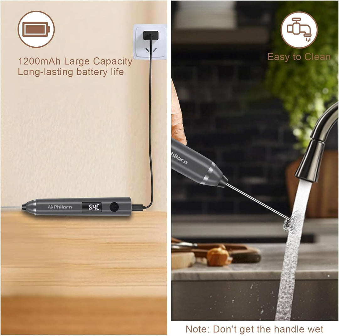 Philorn Elektrischer Milchaufschäumer Stab USB-C aufladbar mit LCD-Batterieanzeige -2 Aufsätzen, 3 S