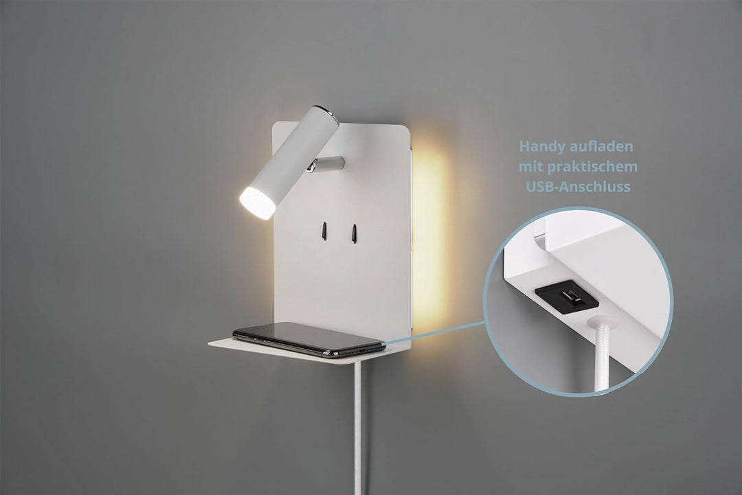 lightling LED Wandleuchte Nachttischlampe Kian mit Lese Spot und Ablage für Handy (inkl. USB Anschlu