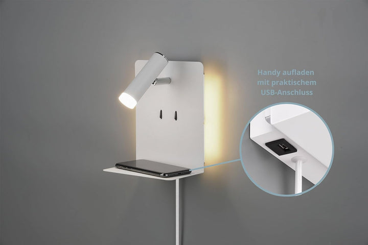 lightling LED Wandleuchte Nachttischlampe Kian mit Lese Spot und Ablage für Handy (inkl. USB Anschlu