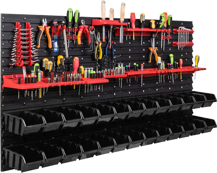 Lagersystem Werkstattregal | 156 x 78 cm | 26 stck. Box | Wandregal mit Werkzeughalterungen und Stap