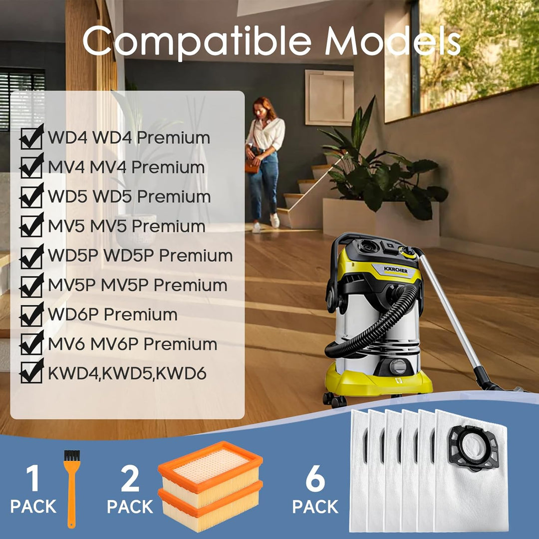 6 Staubsaugerbeutel mit 2 Filter für Kärcher WD6 WD5 WD4 WD5P WD6P MV4 MV5 MV6 Staubsauger KFI 487 u