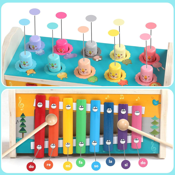 jerryvon Motorikspielzeug Montessori Spielzeug ab 1 Jahr, 4-in-1 Hammerspiel & Klopfbank mit Xylopho