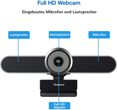 Tenveo Konferenz Webcam mit Mikrofon und Lautsprecher, 1080p HD Konferenzkamera 124-Grad Weitwinkel