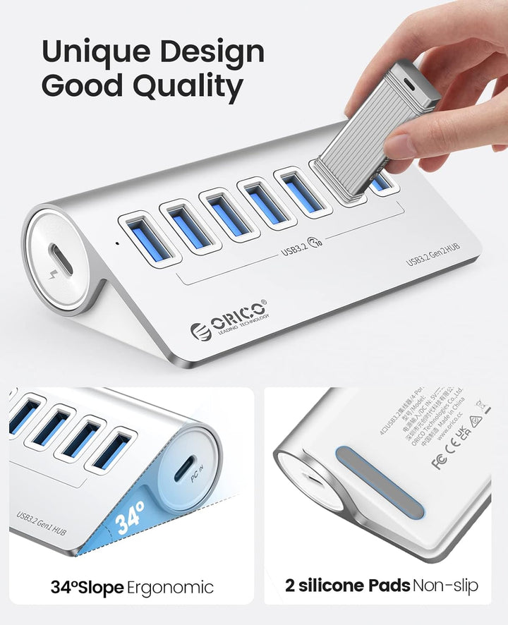 USB C Hub, ORICO USB 3.2 Gen 2 Hub, USB Verteiler 7 Port mit 10Gbps High Speed Datenübertragung, Alu