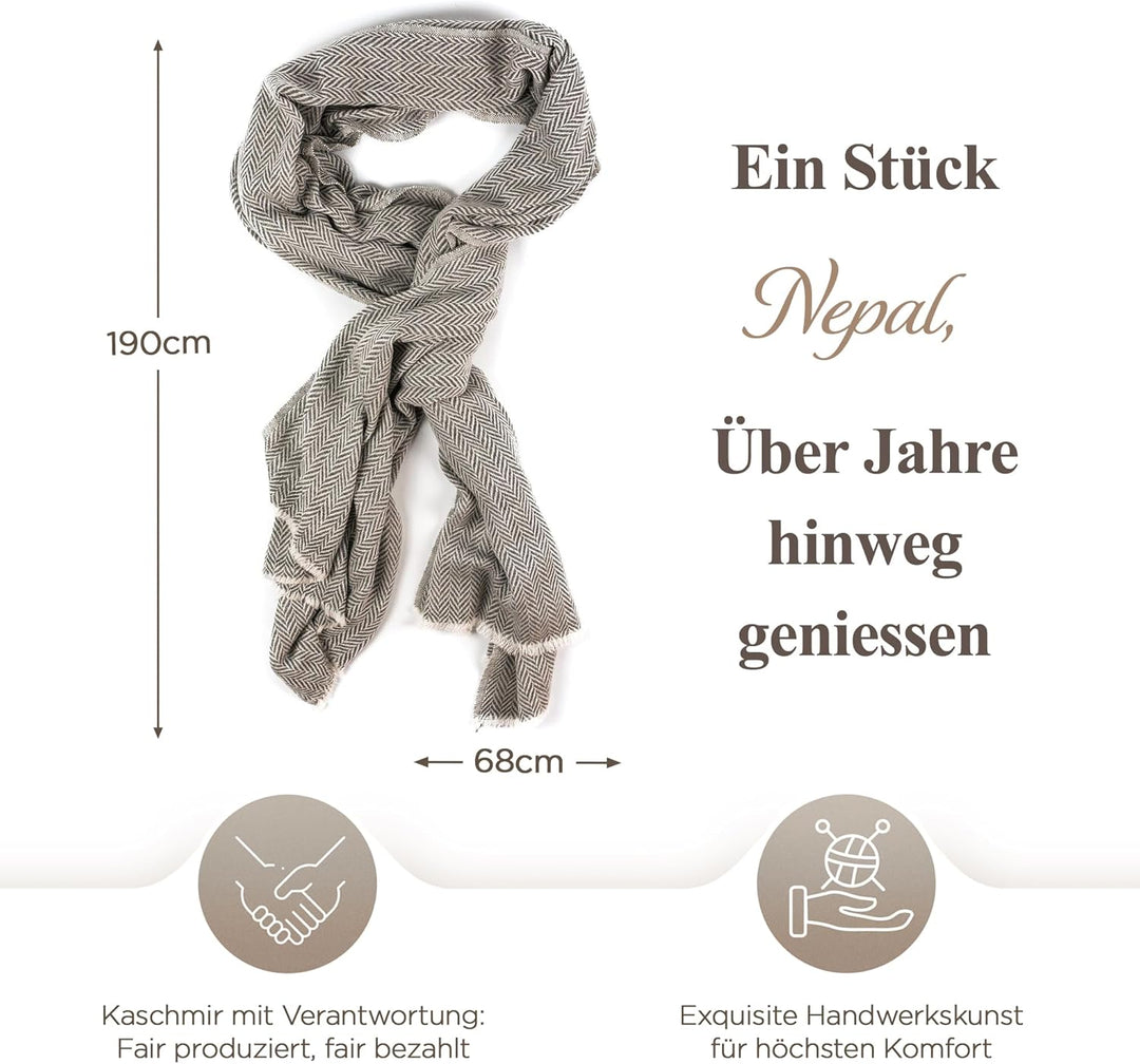 yanopurna 100% Kaschmir Schal handgewebt aus Nepal im Fischgrätmuster Hellgrau, Fischgrätmuster klei