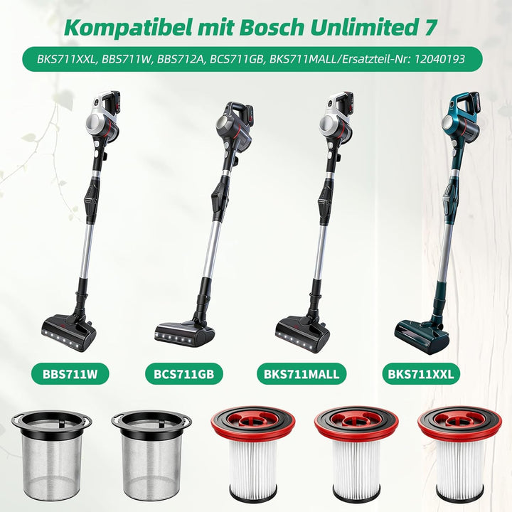 5 Stück Ersatzfilter Filter für Bosch Unlimited Serie 7 Akku-Staubsauger, 12040193 BKS711XXL BBS711W