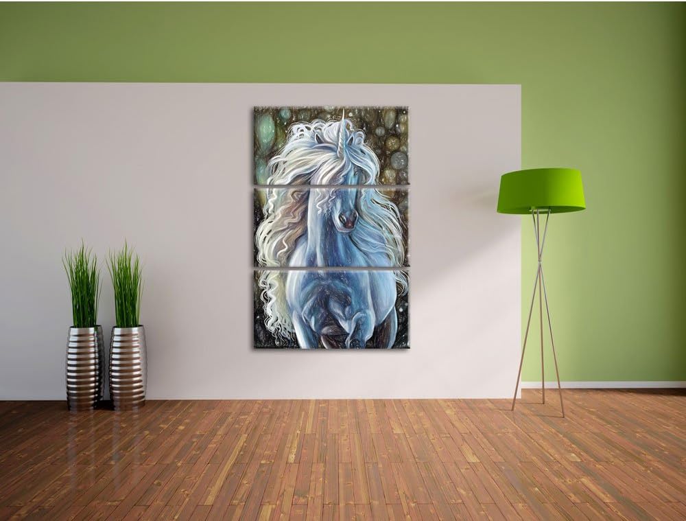 Pixxprint Trabendes weisses Einhorn als Leinwandbild/Grösse: 3 Teilig (120x80 cm) cm/Wandbild/Kunstd