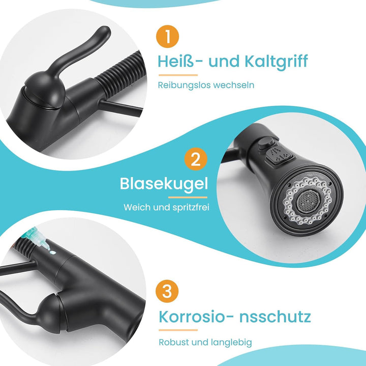 Niederdruck Armatur Küche,360° Drehbare Küchenarmatur,Wasserhahn mit 3 Anschluessen für Boiler,Hoher