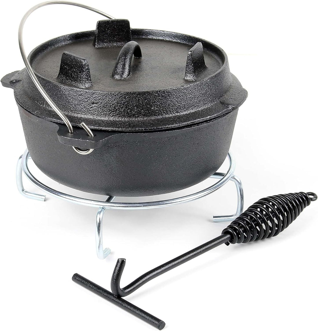 Dutch Oven 4l mit Untersetzer und Deckelheber, Kochtopf aus Gusseisen für Lagerfeuer und Camping