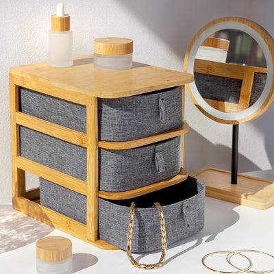 Navaris Make-Up Organizer aus Bambus - Aufbewahrung für Kosmetik - Ordnungssystem mit 3 Schubladen -