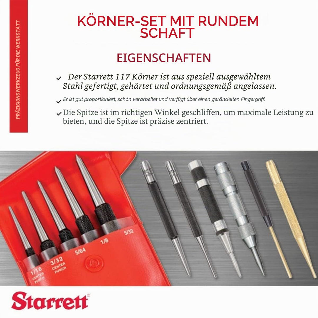 Starrett S117PC Körner Set, 1/16", 5/64", 3/32", 1/8", 5/32" Durchmesser, im Kunststoffkoffer