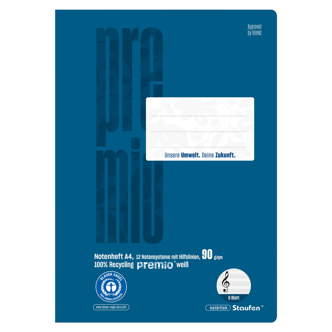 Staufen premio Notenheft - 5 Musikhefte je 8 Blatt, Lin NH, DIN AA, 90 g/m², 12 Notensysteme und Hil